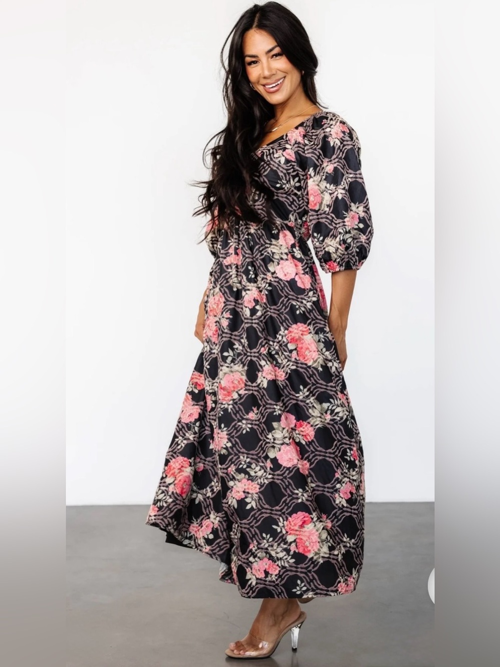 Baltic Born Black Maxi Dress with Pink Floral Print